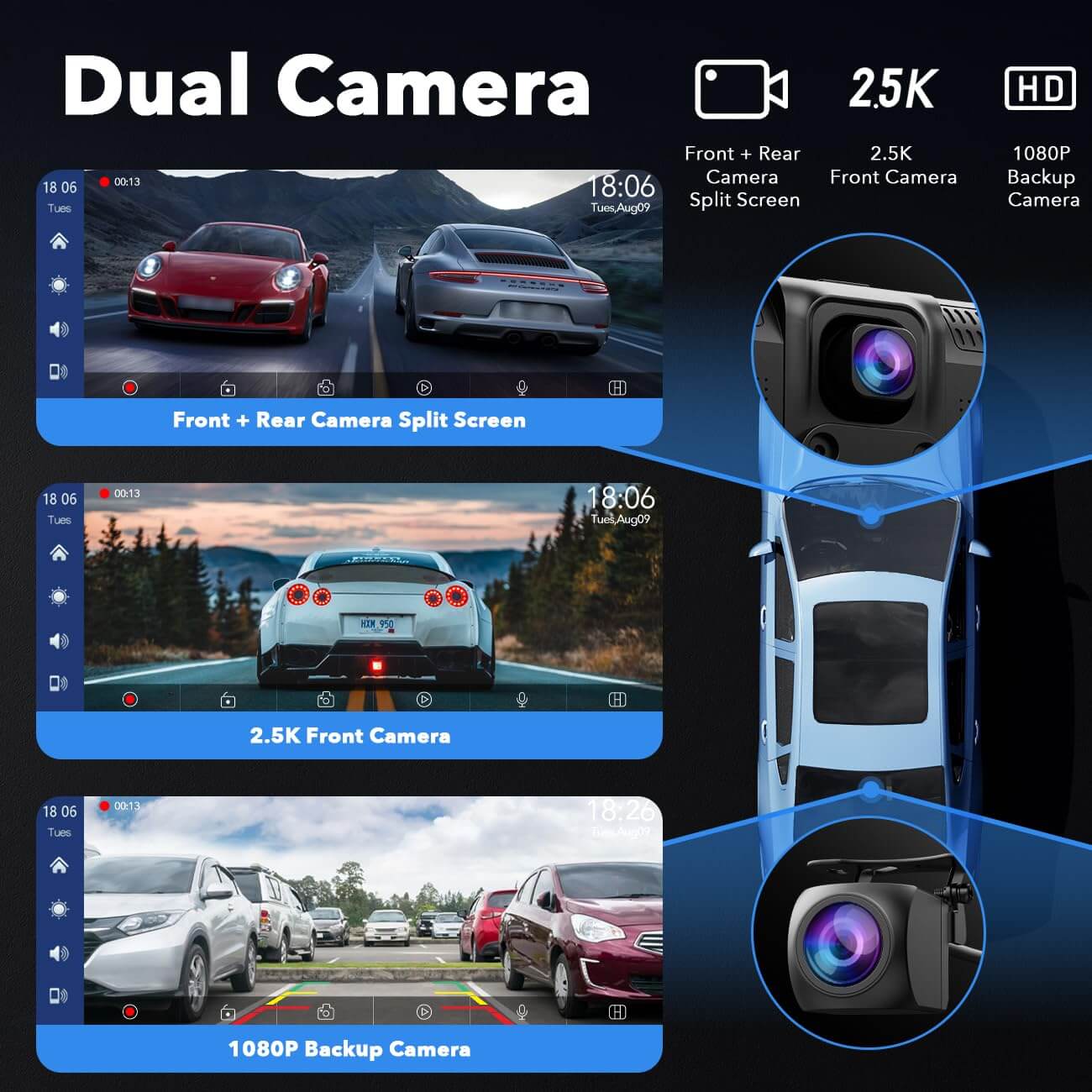 Wireless Car Stereo Carplay With Dual Cameras